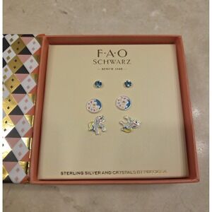 FAO SCHWARTZ GIRL'S SET STERLING SILVER & BLUE CRYSTAL EARRINGS DONUT UNICORN